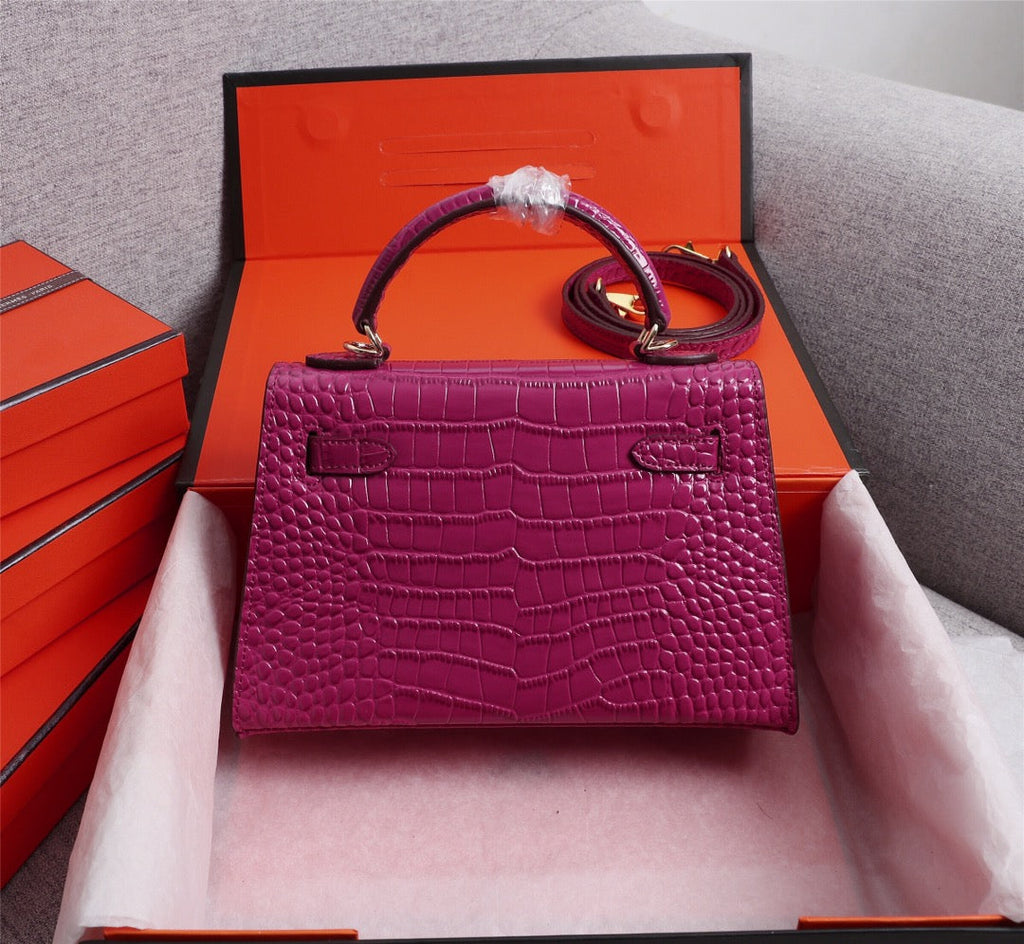 HM KELLY MINI 22 BARBIE ROSE CUIR DE VEAU EMBOSSÉ CROCODILE QUINCAILLERIE DORÉ
