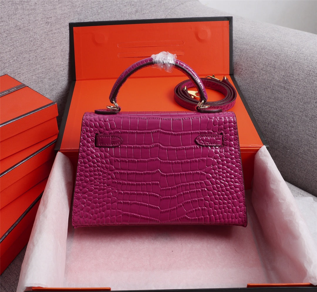 HM KELLY MINI 22 BARBIE ROSE CUIR DE VEAU EMBOSSÉ CROCODILE QUINCAILLERIE DORÉ