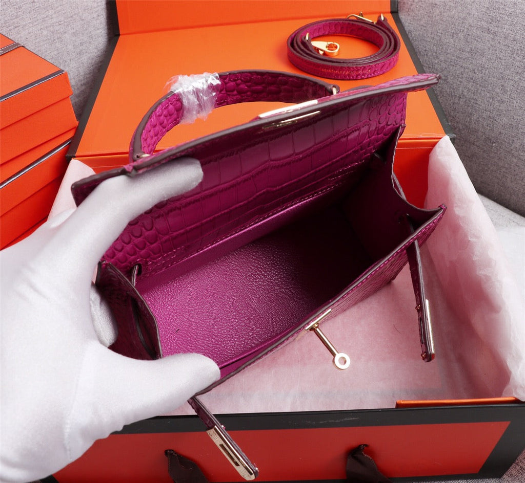 HM KELLY MINI 22 BARBIE ROSE CUIR DE VEAU EMBOSSÉ CROCODILE QUINCAILLERIE DORÉ