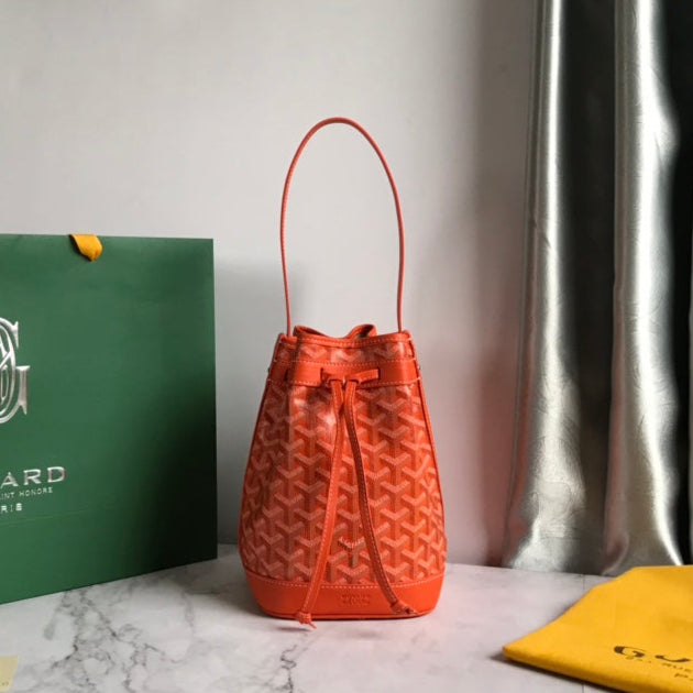 SAC SEAU PETIT FLOT 22 EN TOILE GOYARDINE ORANGE ET GARNITURE AGNEAU