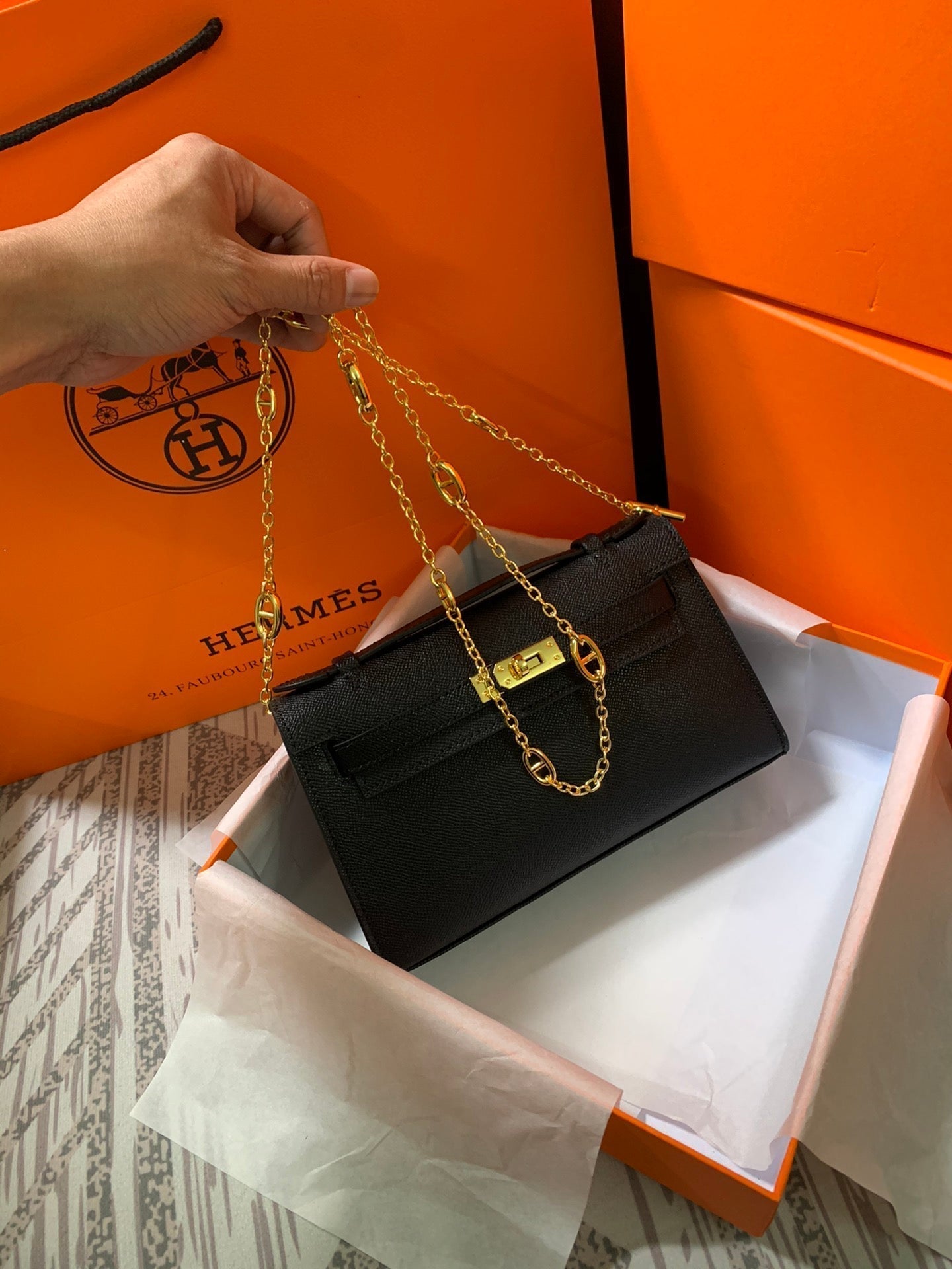 HM KELLY MINI POCHETTE 22 NOIR EPSOM