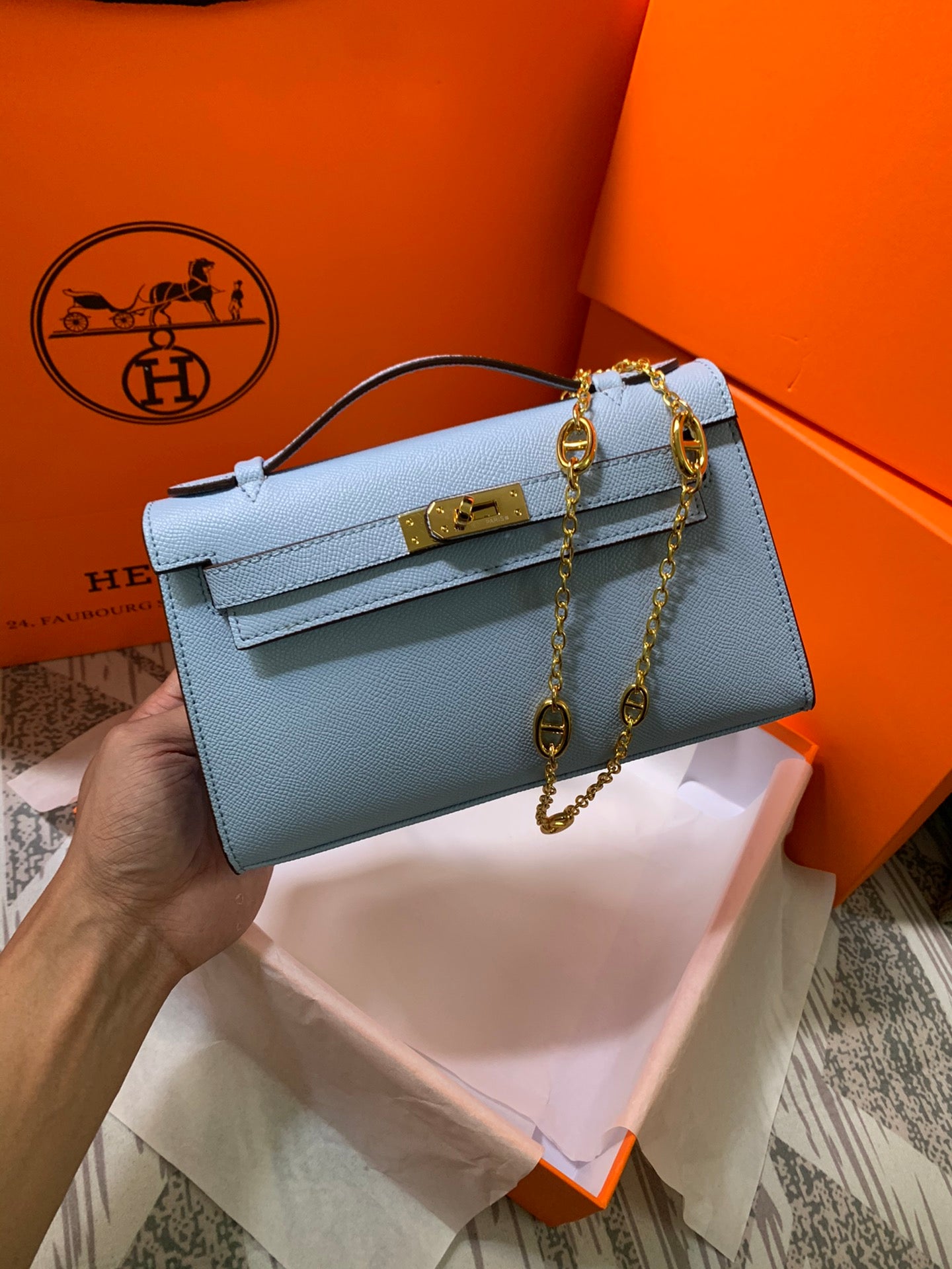 HM KELLY MINI POCHETTE 22 SAPHIR EPSOM
