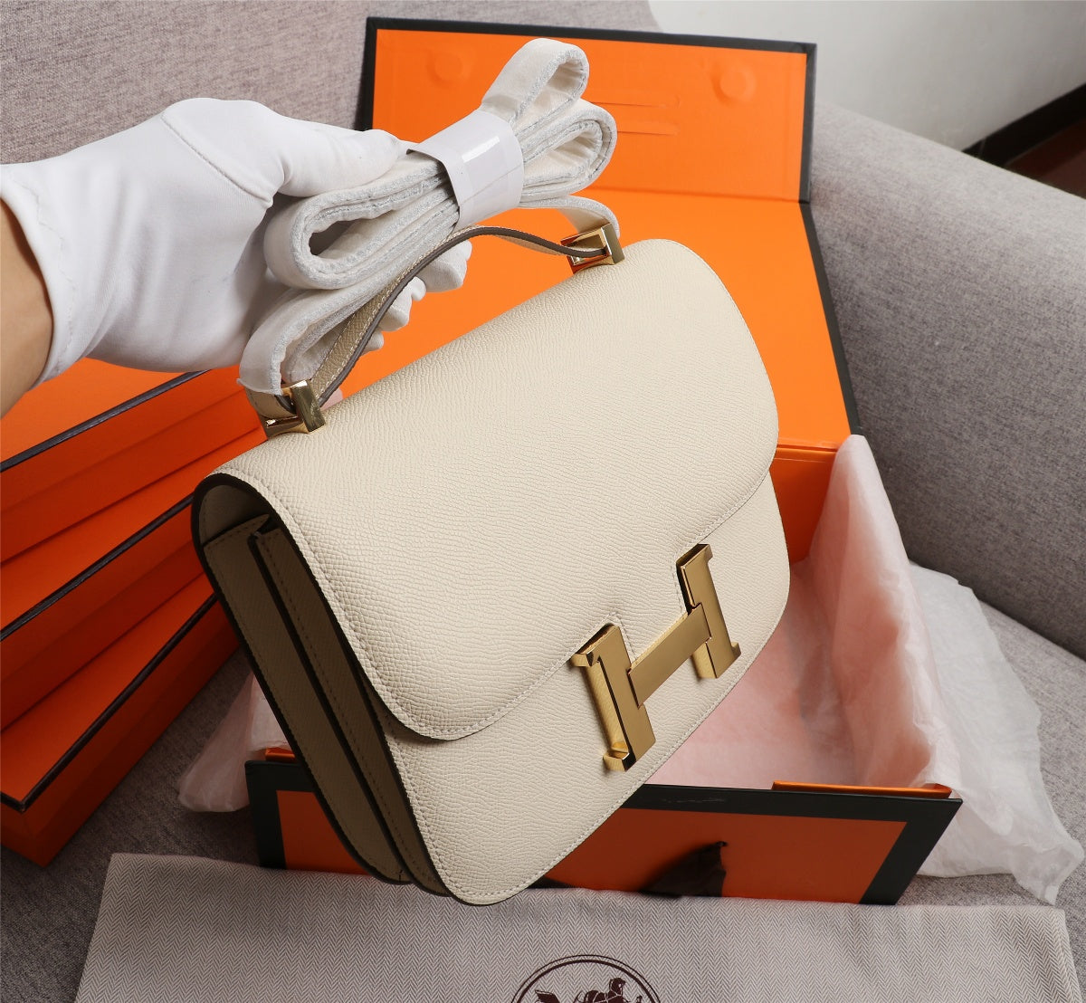 SACS HM CONSTANCE 22 CRÈME EPSOM QUINCAILLERIE OR