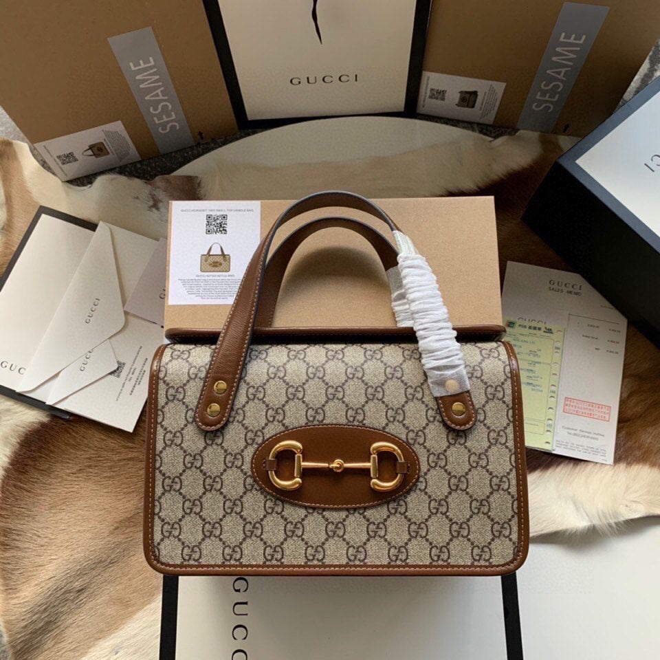 SAC GG HORSEBIT 1955 PETIT 27 EN TOILE BEIGE ET CUIR DE VEAU MARRON