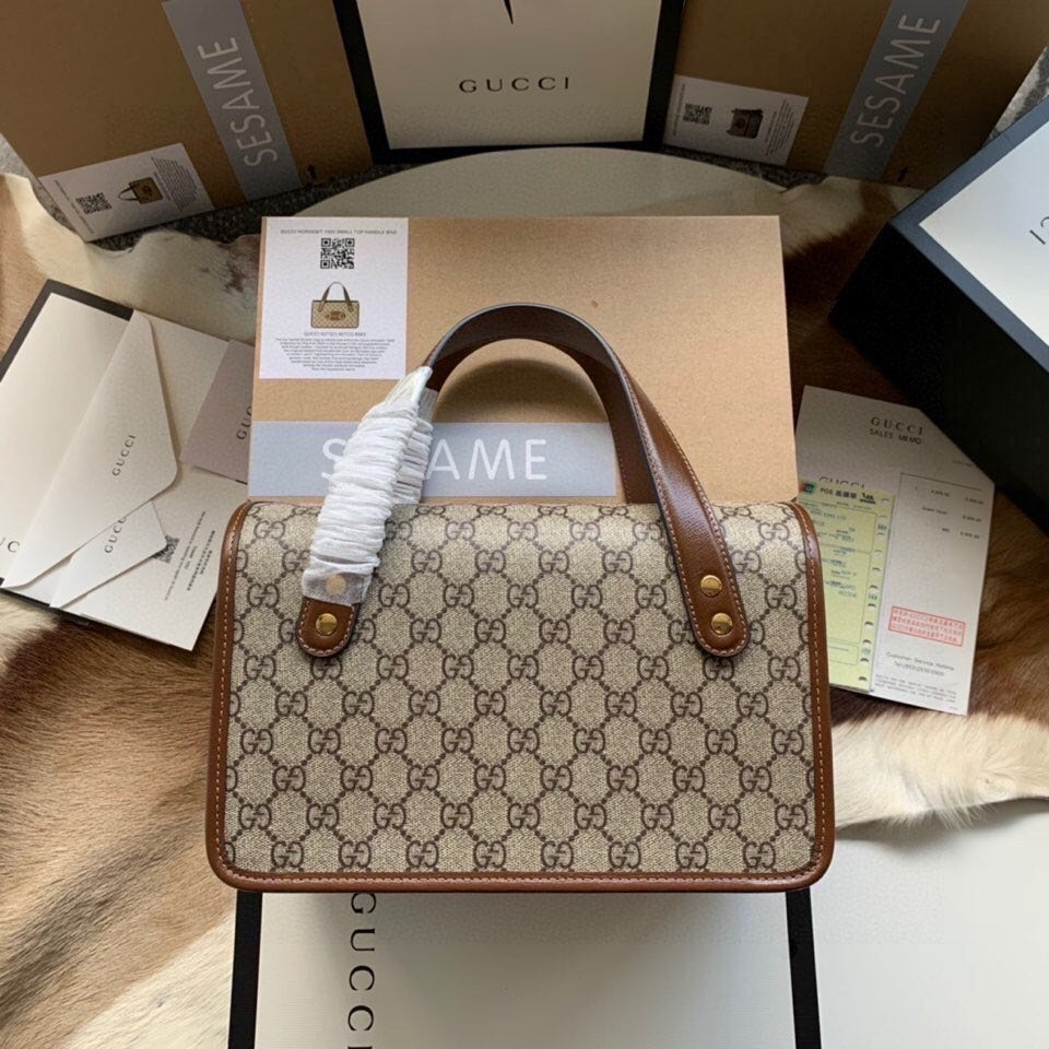 SAC GG HORSEBIT 1955 PETIT 27 EN TOILE BEIGE ET CUIR DE VEAU MARRON