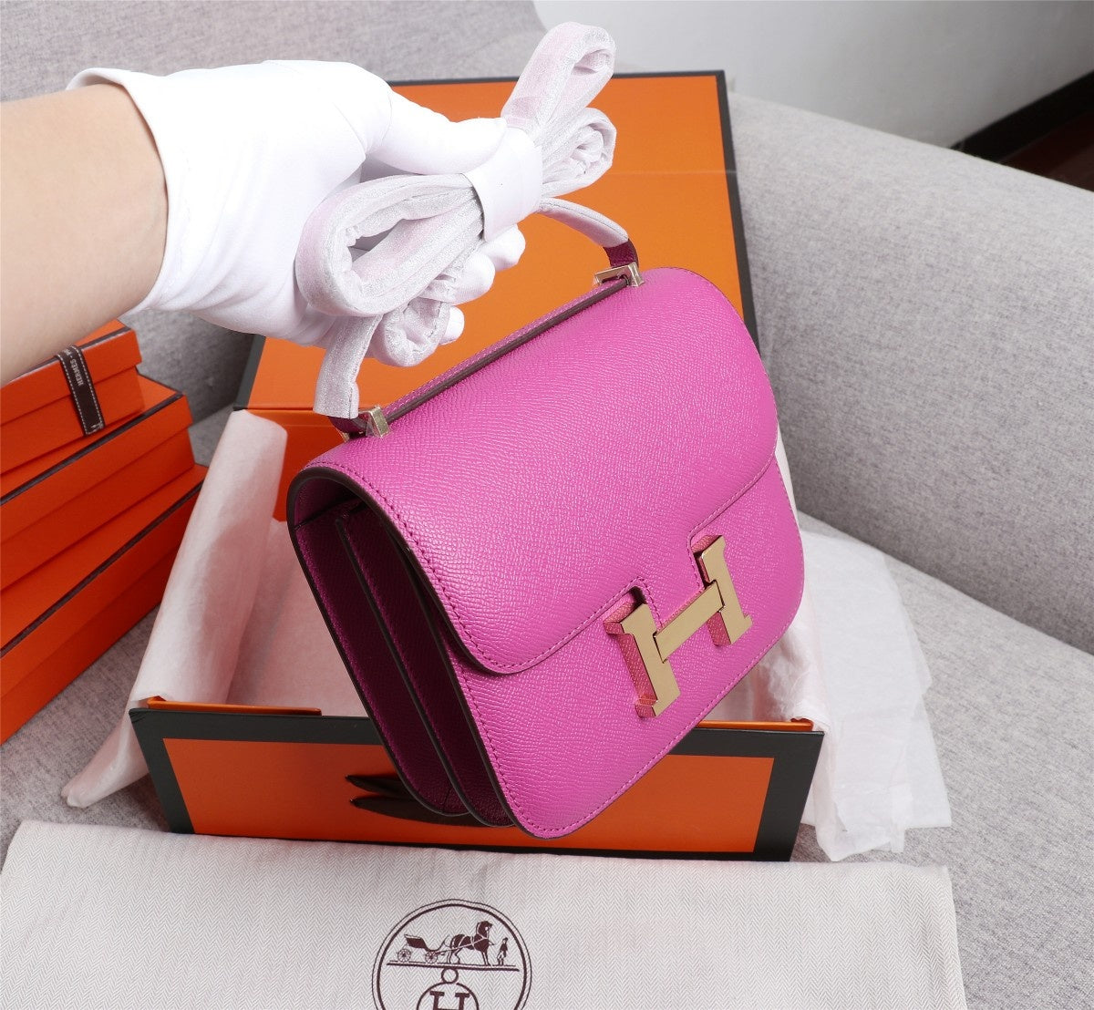 SAC HM CONSTANCE 19 EPSOM ROSE QUINCAILLERIE OR