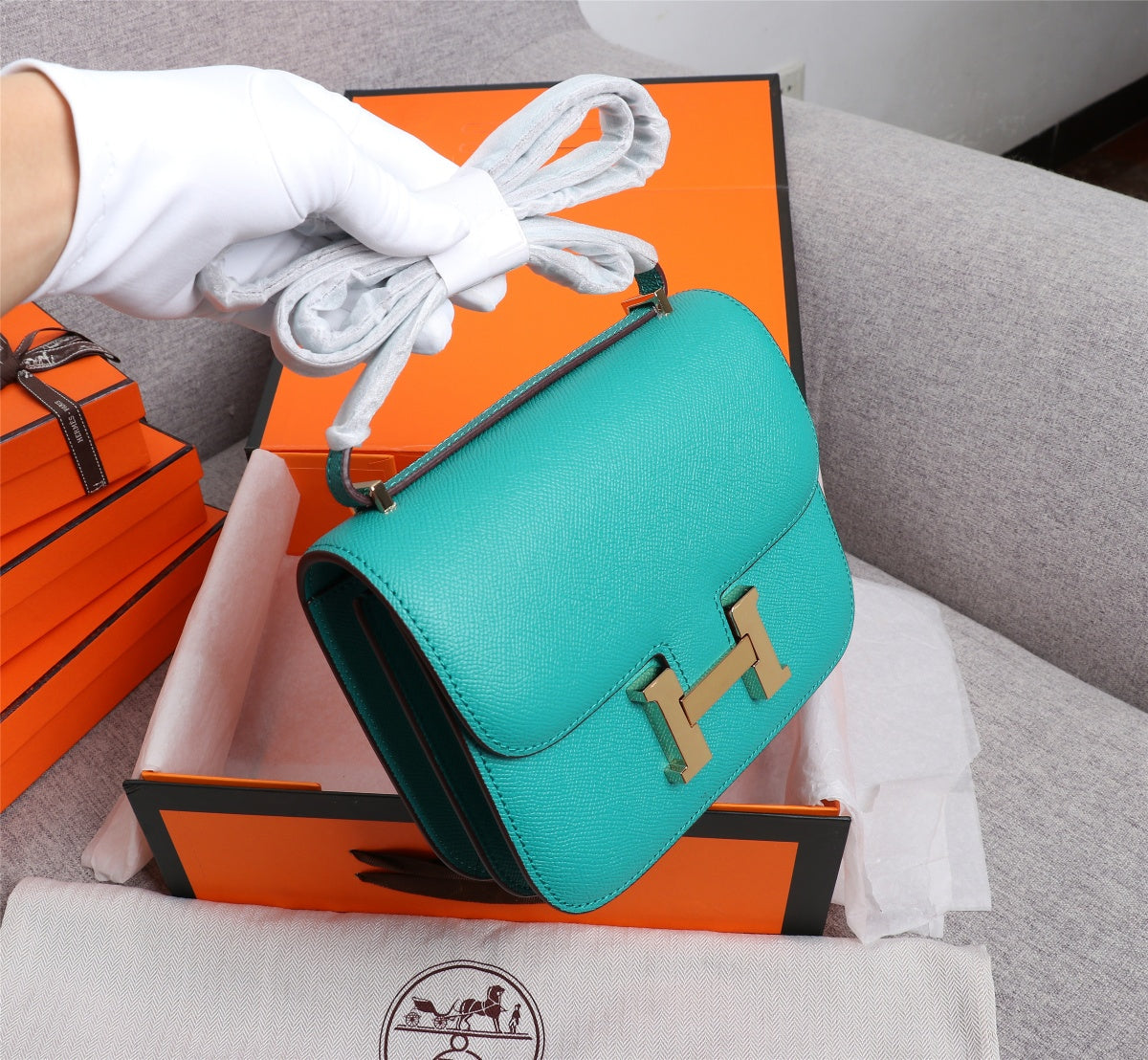 SAC HM CONSTANCE 19 TURQUOISE EPSOM QUINCAILLERIE OR