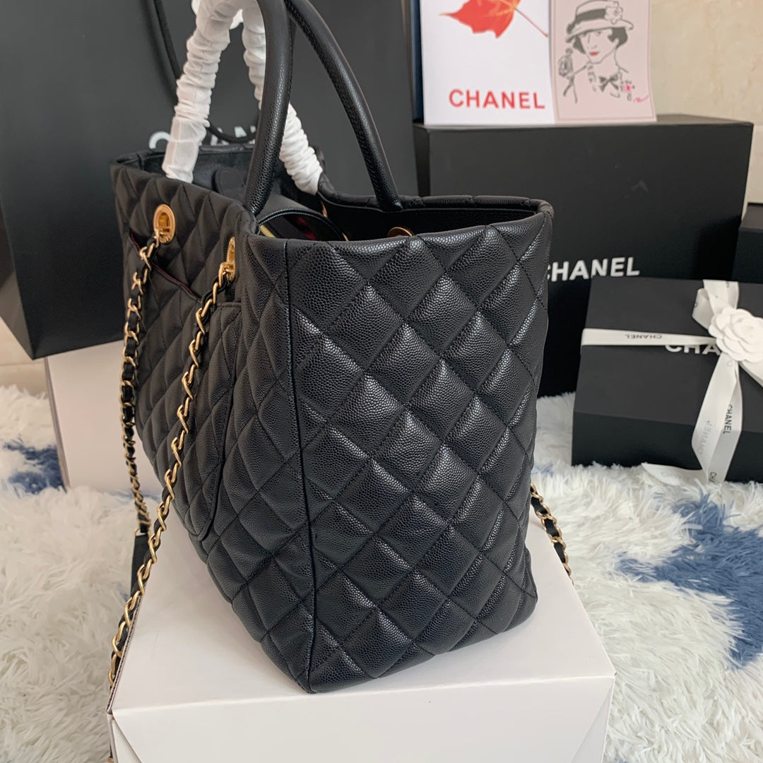 SAC CABAS CC 38 CM CUIR CAVIAR MATELASSÉ NOIR GHW