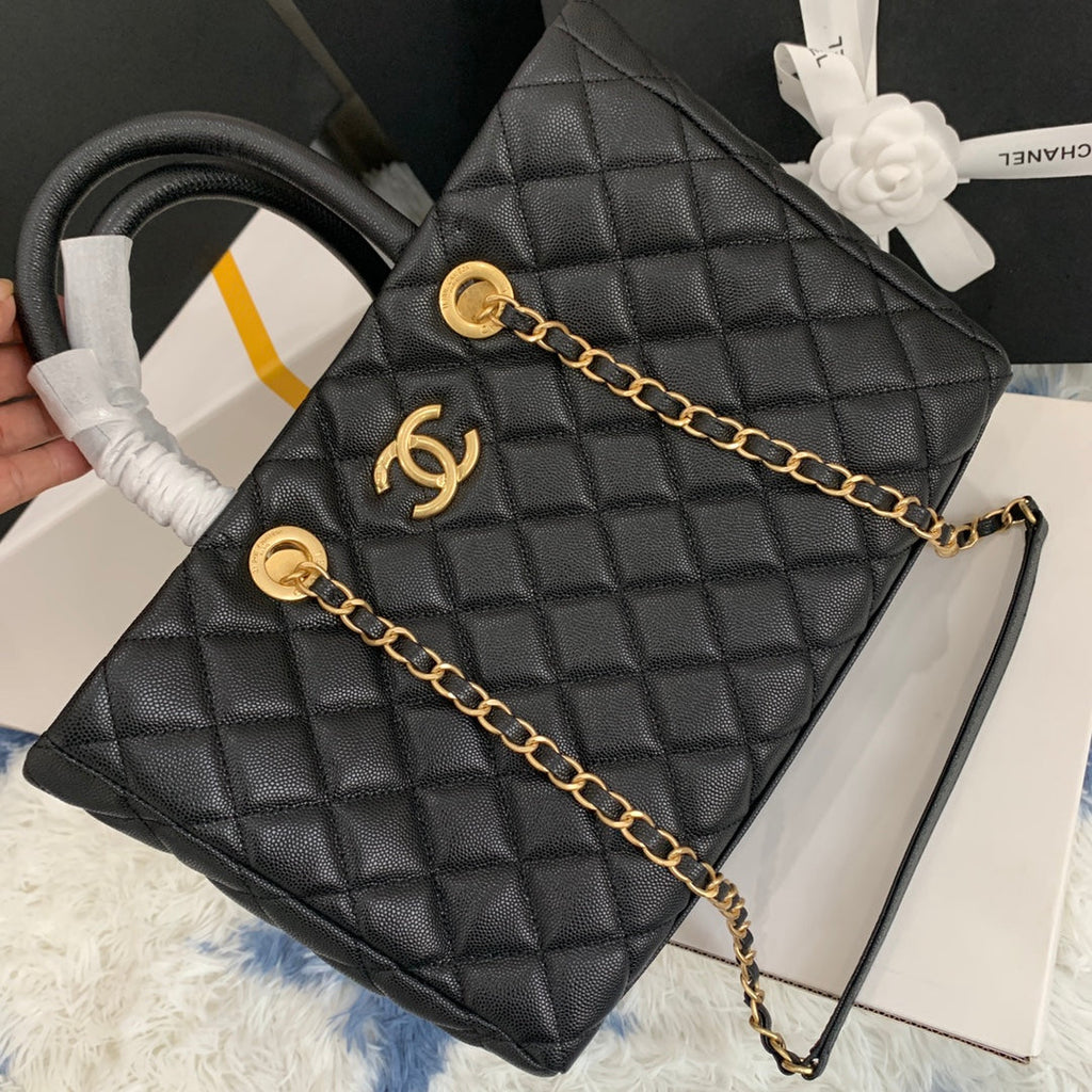 SAC CABAS CC 30 CM CUIR CAVIAR MATELASSÉ NOIR GHW