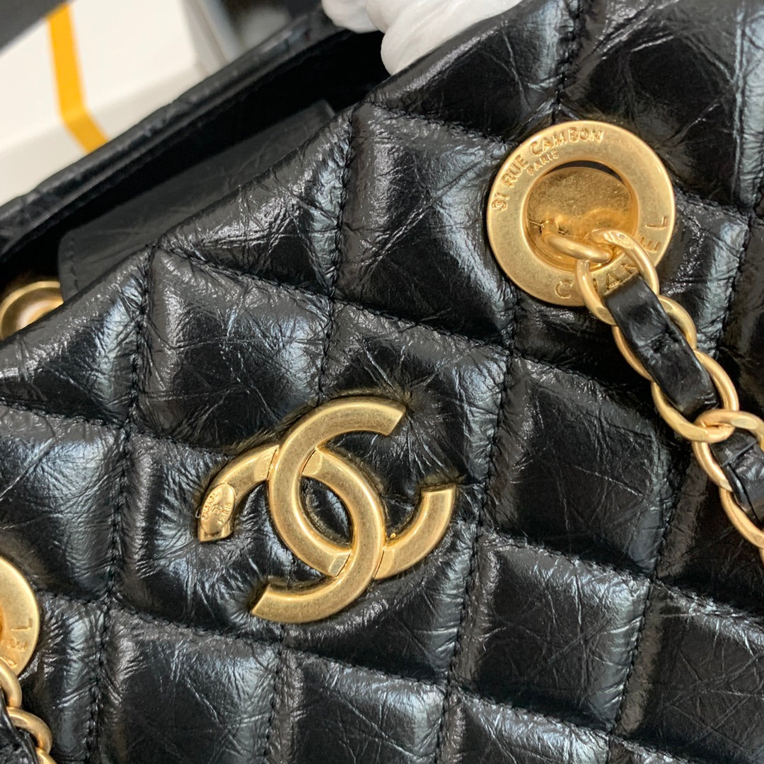 CC SHOPPING BAG 38CM BLACK QUILTED AGED CALFSKIN GHW