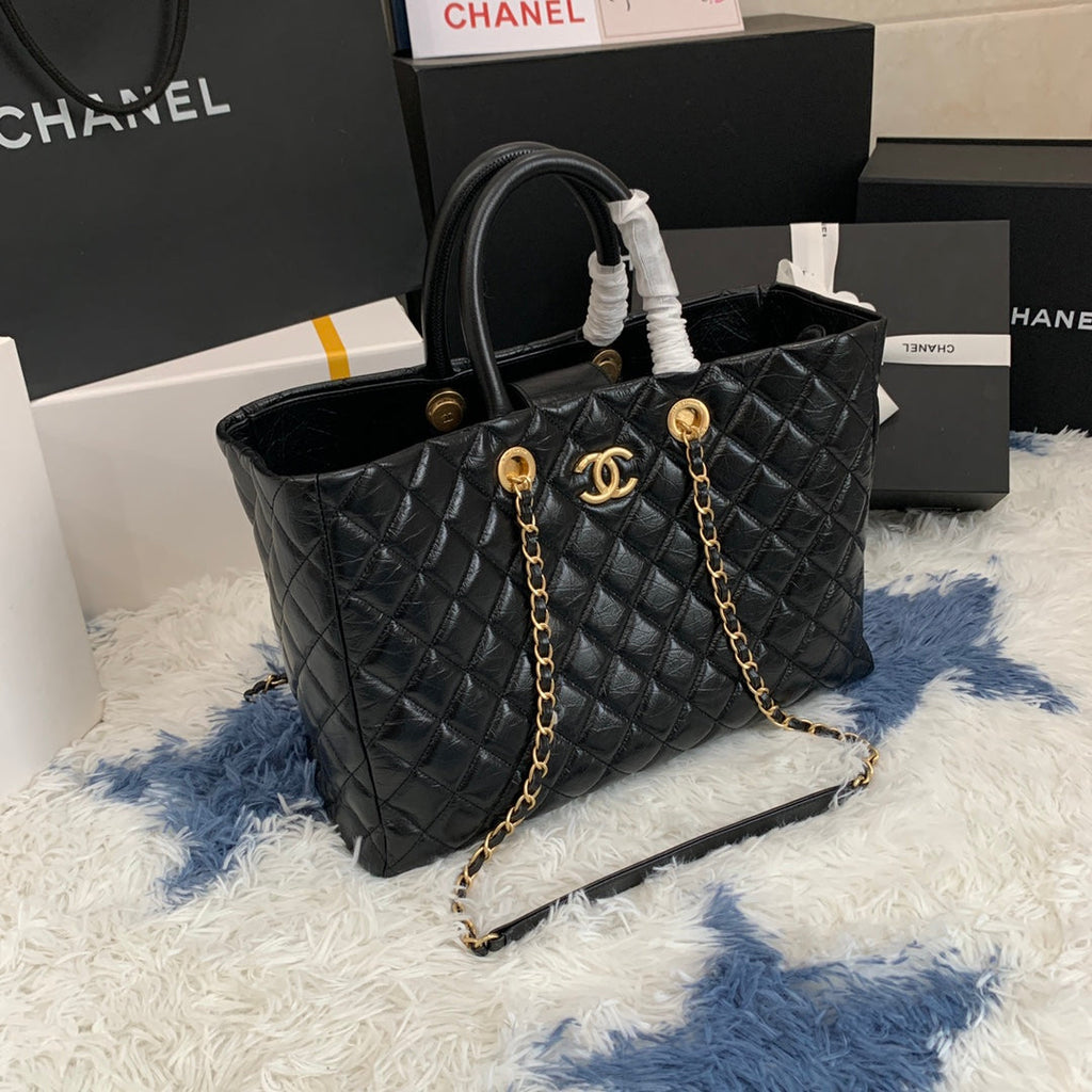 CC SHOPPING BAG 38CM BLACK QUILTED AGED CALFSKIN GHW