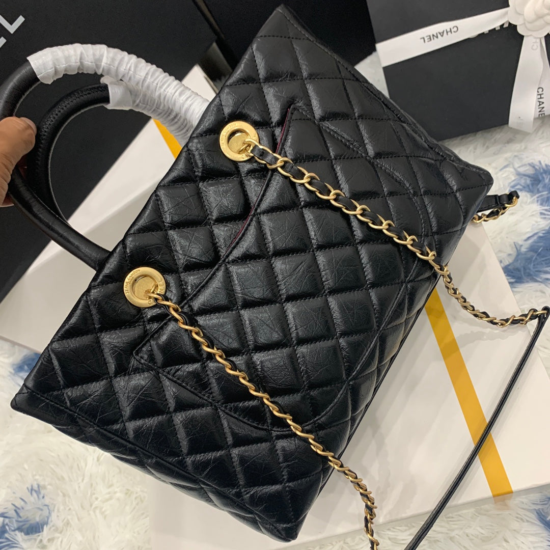 CC SHOPPING BAG 30CM BLACK QUILTED AGED CALFSKIN GHW