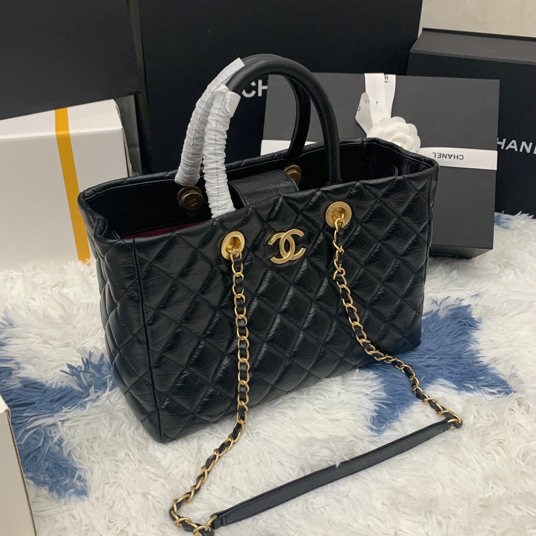 CC SHOPPING BAG 30CM BLACK QUILTED AGED CALFSKIN GHW