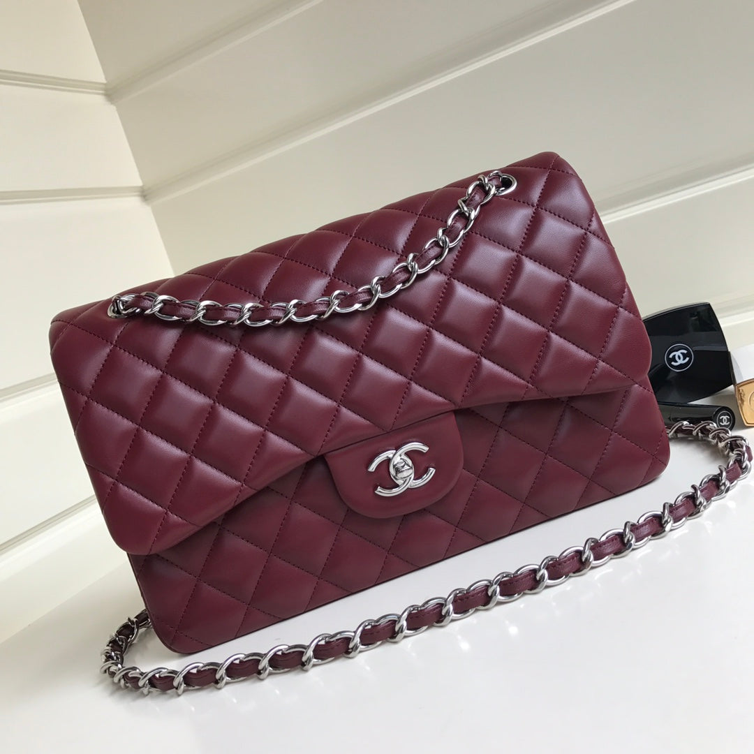 FLAP BAG JUMBO 30 BURGUNDY LAMBSKIN SILVER HARDWARE