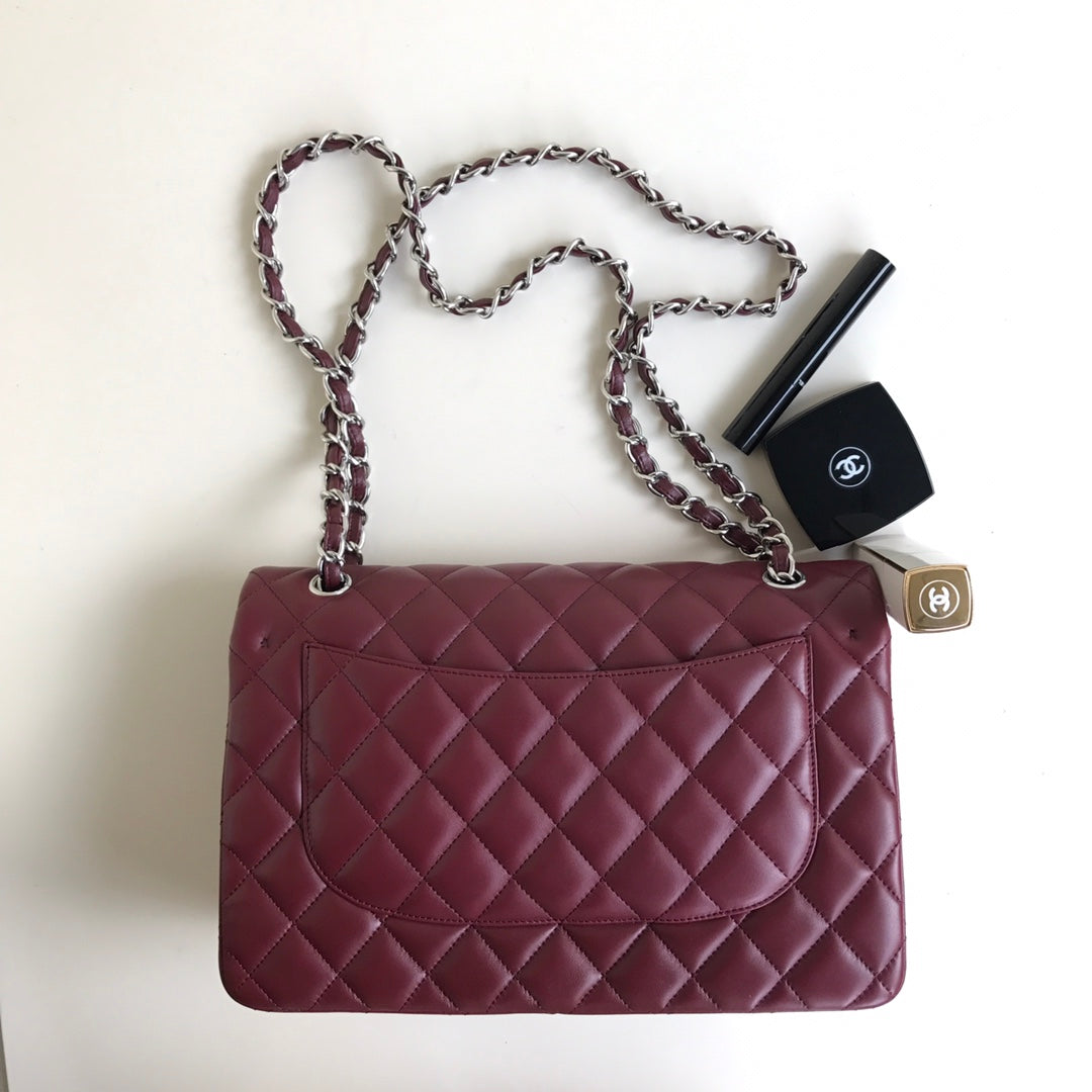 FLAP BAG JUMBO 30 BURGUNDY LAMBSKIN SILVER HARDWARE