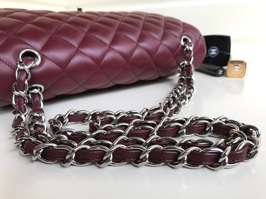 FLAP BAG JUMBO 30 BURGUNDY LAMBSKIN SILVER HARDWARE