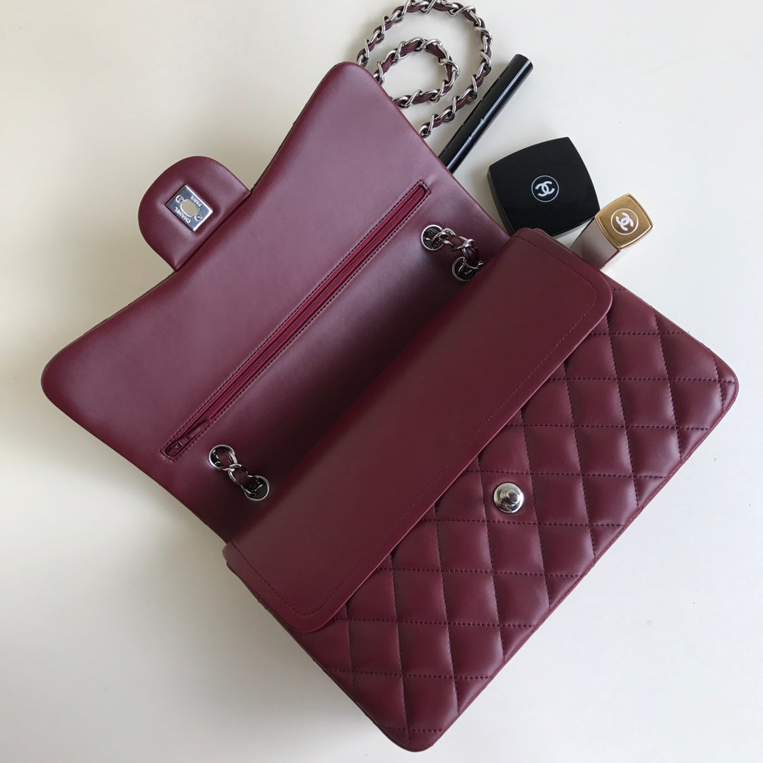 FLAP BAG JUMBO 30 BURGUNDY LAMBSKIN SILVER HARDWARE