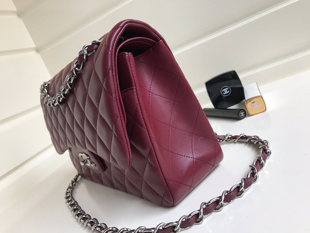 FLAP BAG JUMBO 30 BURGUNDY LAMBSKIN SILVER HARDWARE
