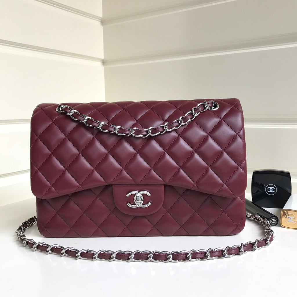 SAC À RABAT JUMBO 30 CUIR D'AGNEAU BORDEAUX QUINCAILLERIE ARGENTÉE