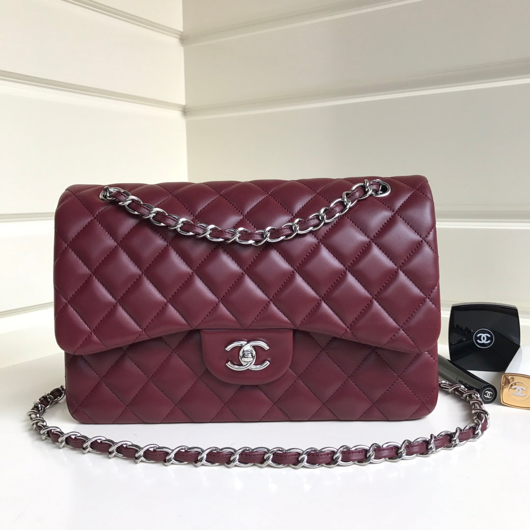 SAC À RABAT JUMBO 30 CUIR D'AGNEAU BORDEAUX QUINCAILLERIE ARGENTÉE