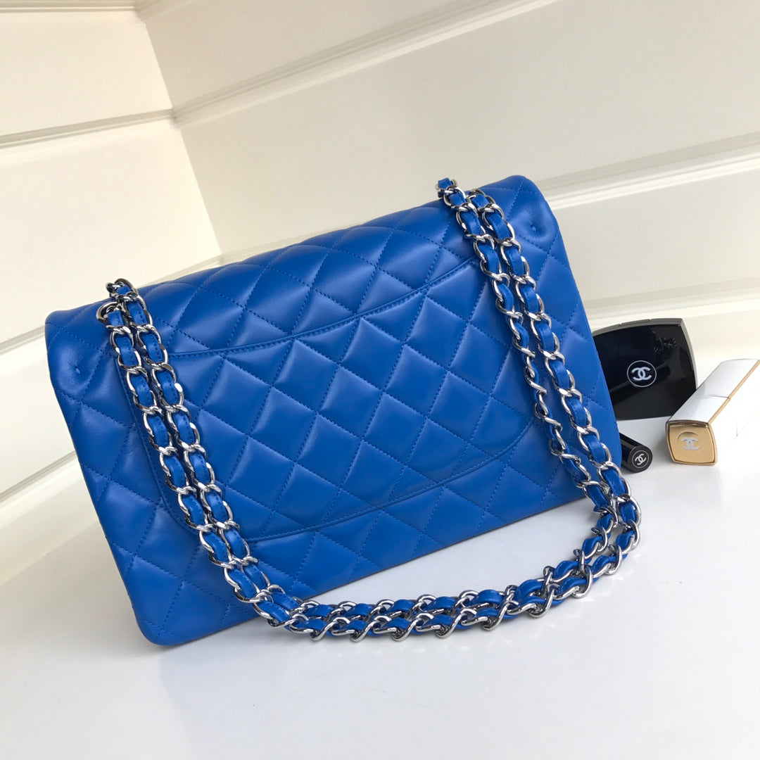FLAP BAG JUMBO 30 BLUE LAMBSKIN SILVER HARDWARE