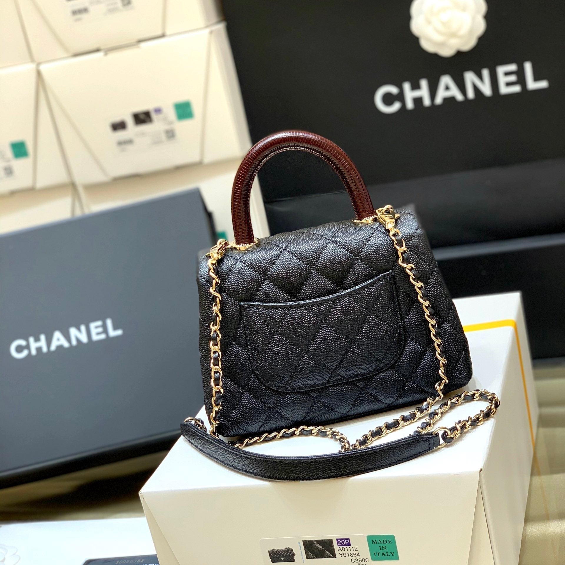 MINI MANCHE CC 24K COCO 19CM NOIR ROUGE CUIR DE VEAU GRAINÉ QUINCAILLERIE OR 