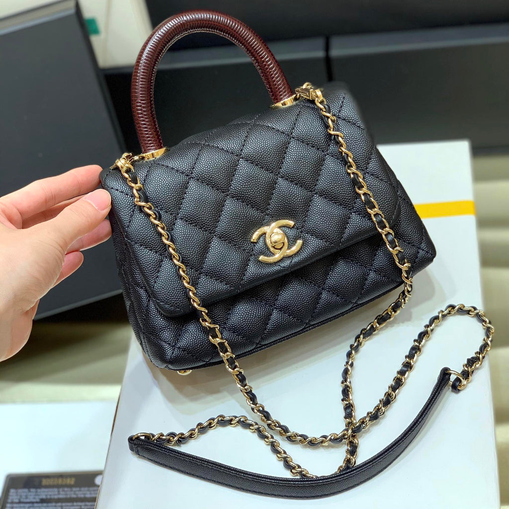 CC 24K COCO HANLE MINI 19CM BLACK RED GRAINED CALFSKIN GOLD HARDWARE
