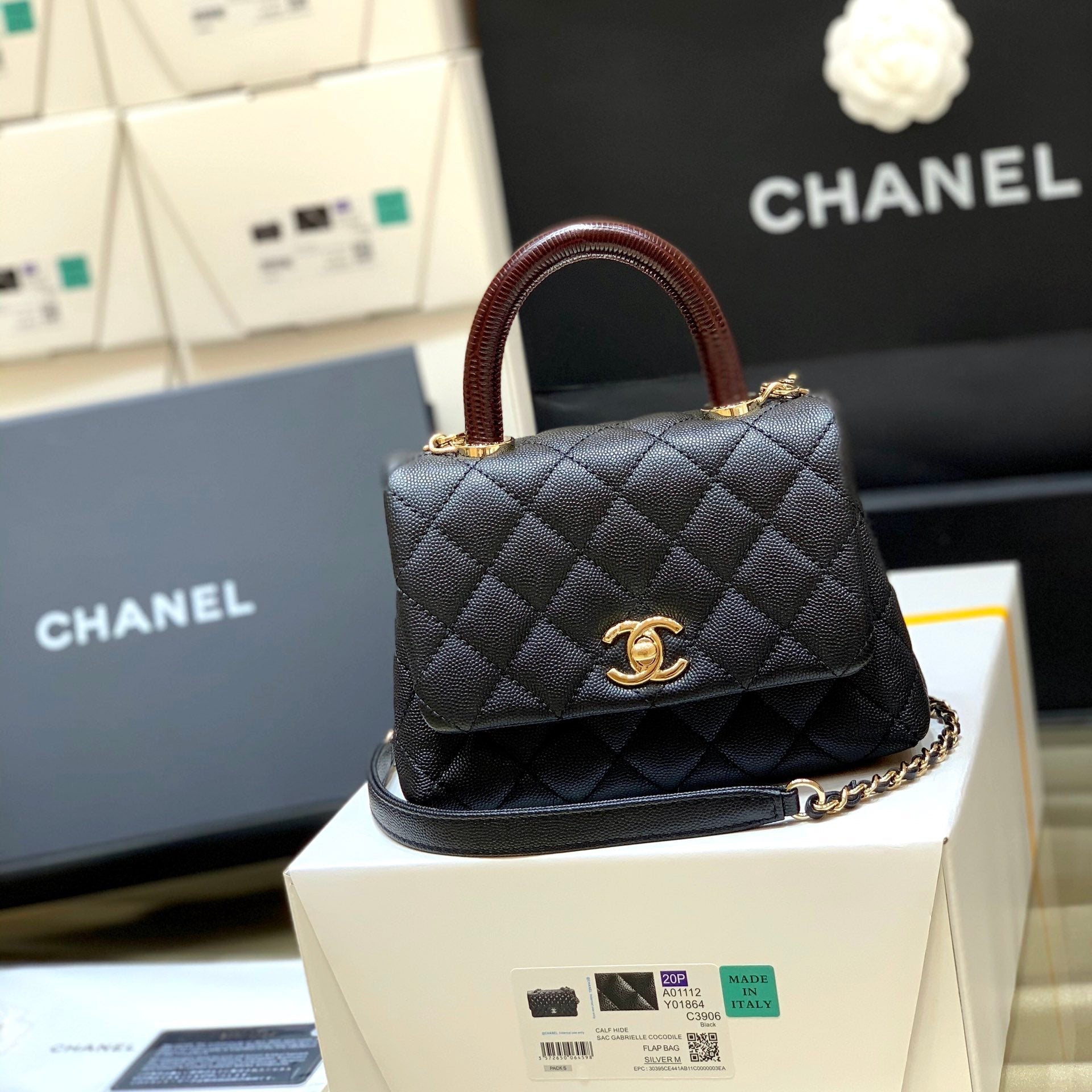 MINI MANCHE CC 24K COCO 19CM NOIR ROUGE CUIR DE VEAU GRAINÉ QUINCAILLERIE OR 