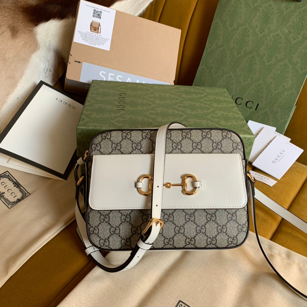 SAC À MAIN HORSEBIT 1955 22 TOILE MARRON ET CUIR DE VEAU BLANC