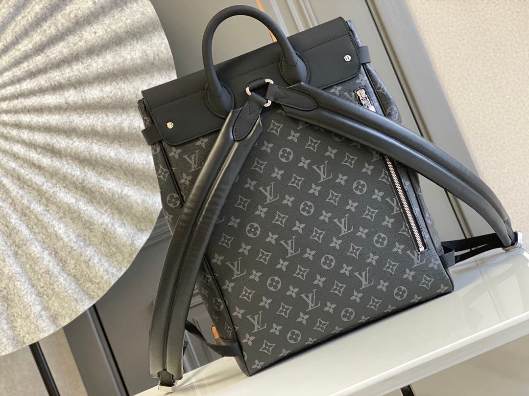 SAC À DOS STEAMER 45 EN TOILE ÉCLIPSE MONOGRAMME GUN METAL ET CUIR DE VEAU NOIR BOUCLE ARGENTÉE