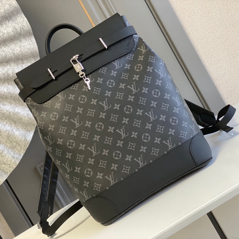 SAC À DOS STEAMER 45 EN TOILE ÉCLIPSE MONOGRAMME GUN METAL ET CUIR DE VEAU NOIR BOUCLE ARGENTÉE