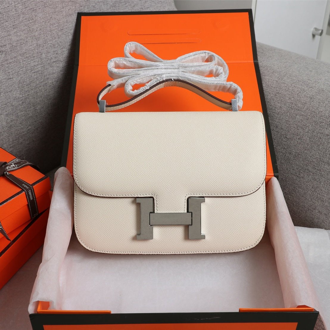 SACS HM CONSTANCE 22 CRÈME EPSOM QUINCAILLERIE ARGENTÉE