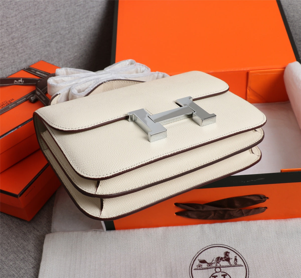 SACS HM CONSTANCE 22 CRÈME EPSOM QUINCAILLERIE ARGENTÉE