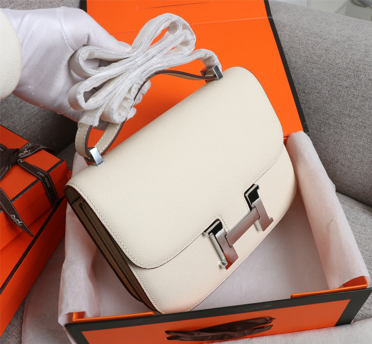 SACS HM CONSTANCE 19 CRÈME EPSOM QUINCAILLERIE ARGENTÉE