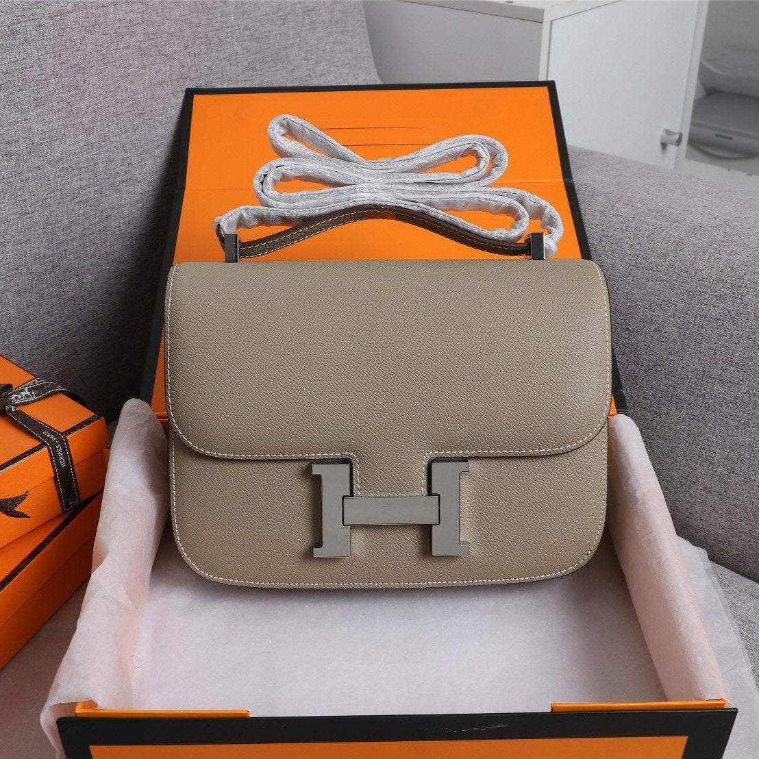 SACS HM CONSTANCE 19 KAKI EPSOM QUINCAILLERIE ARGENTÉE