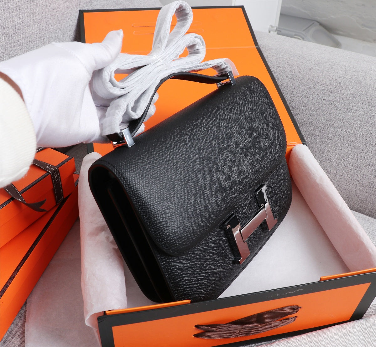 SACS HM CONSTANCE 22 NOIR EPSOM QUINCAILLERIE ARGENTÉE