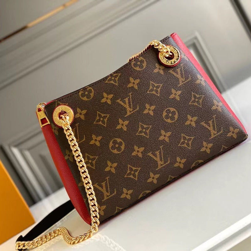 SAC À BANDOULIÈRE CHAÎNE SURENE BB 24 CM EN TOILE MONOGRAMME ET CUIR DE VEAU ROUGE