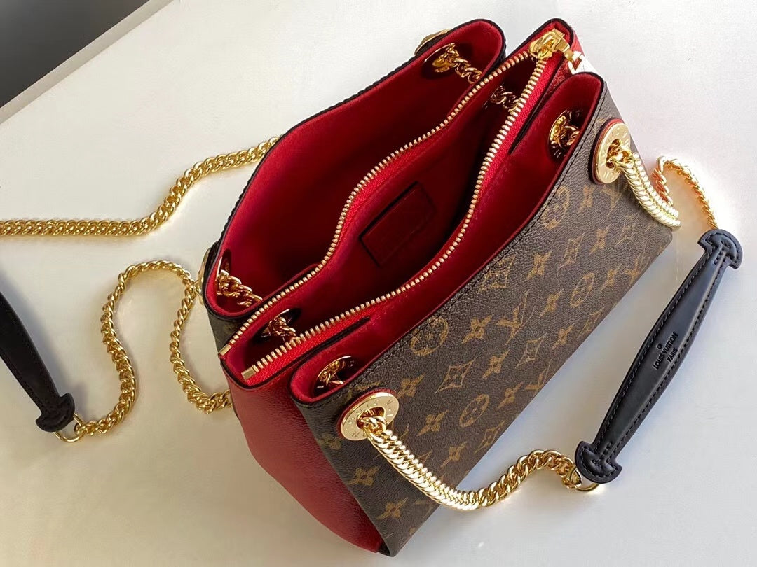 SAC À BANDOULIÈRE CHAÎNE SURENE BB 24 CM EN TOILE MONOGRAMME ET CUIR DE VEAU ROUGE