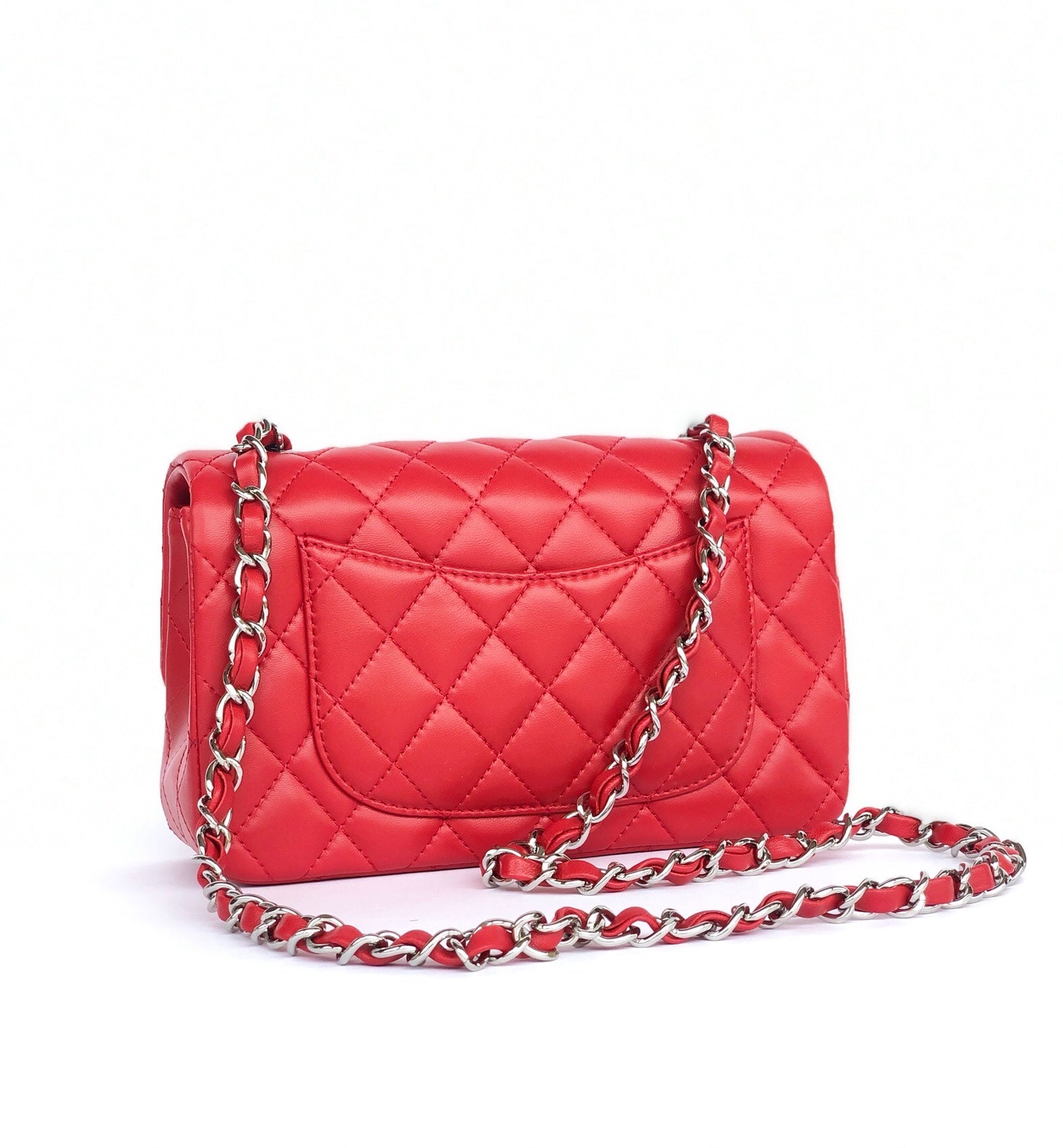 MINI SAC À RABAT RECTANGLE 20 CM EN CUIR D'AGNEAU ROUGE QUINCAILLERIE ARGENTÉE