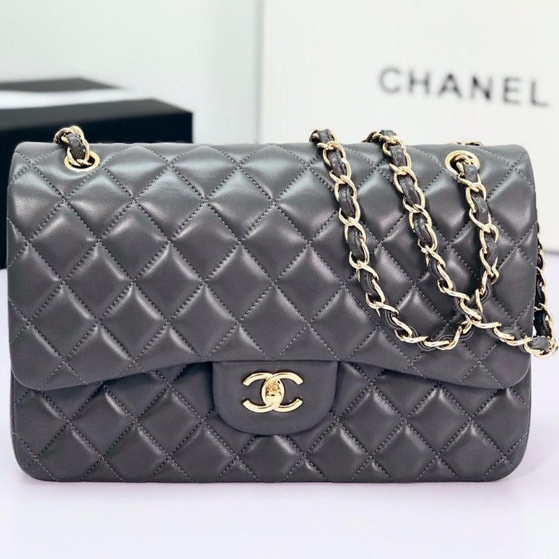 FLAP BAG JUMBO 30 DARK GREY LAMBSKIN GOLD HARDWARE