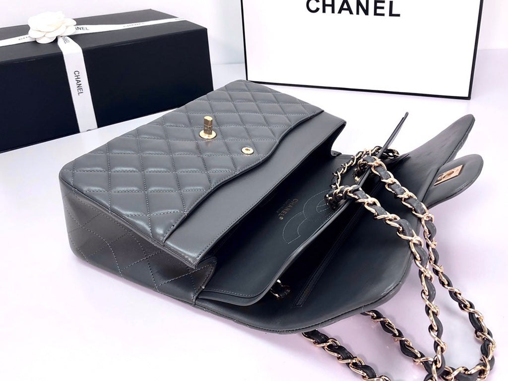 FLAP BAG JUMBO 30 DARK GREY LAMBSKIN GOLD HARDWARE