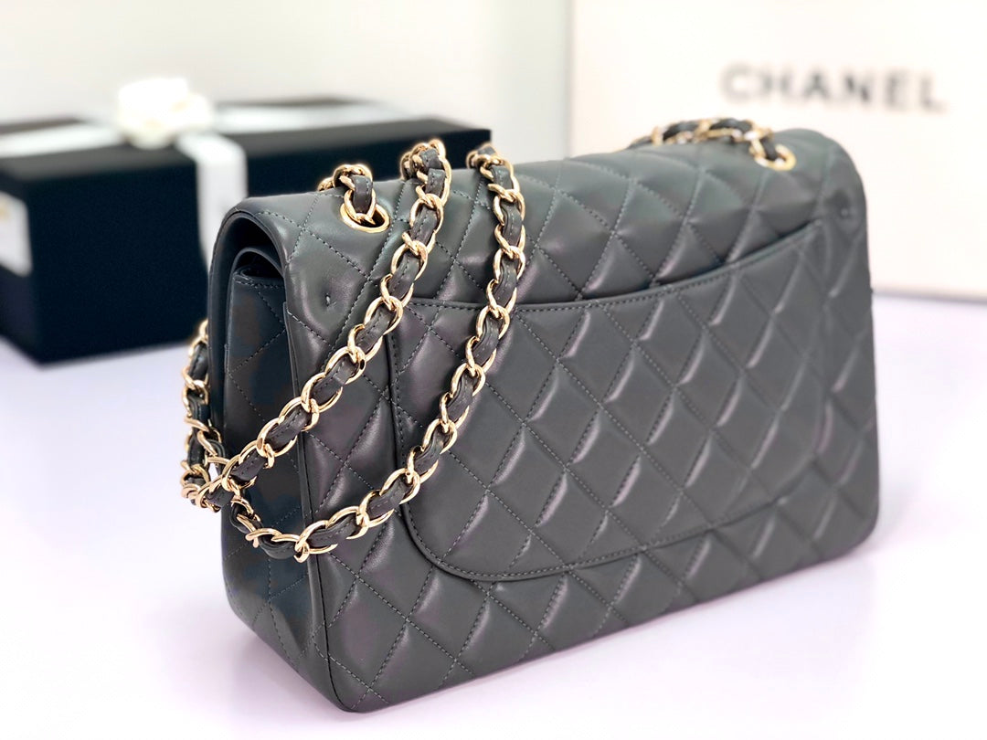 FLAP BAG JUMBO 30 DARK GREY LAMBSKIN GOLD HARDWARE