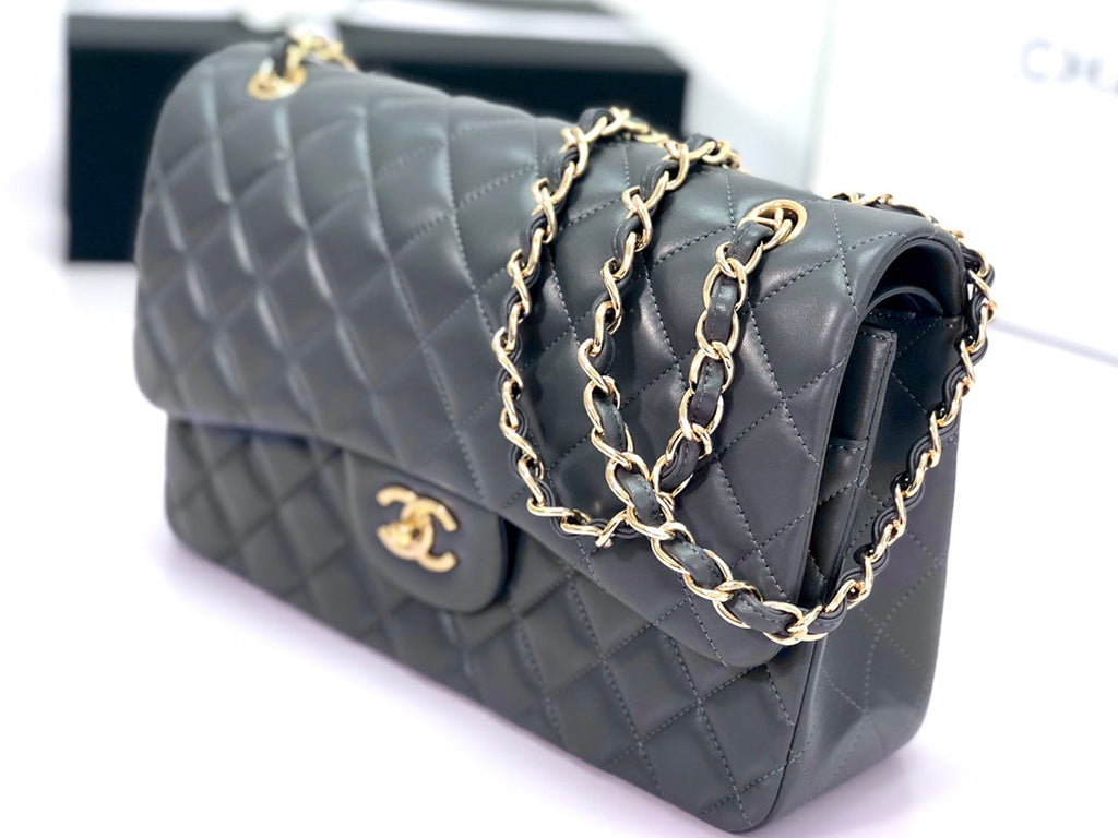 FLAP BAG JUMBO 30 DARK GREY LAMBSKIN GOLD HARDWARE