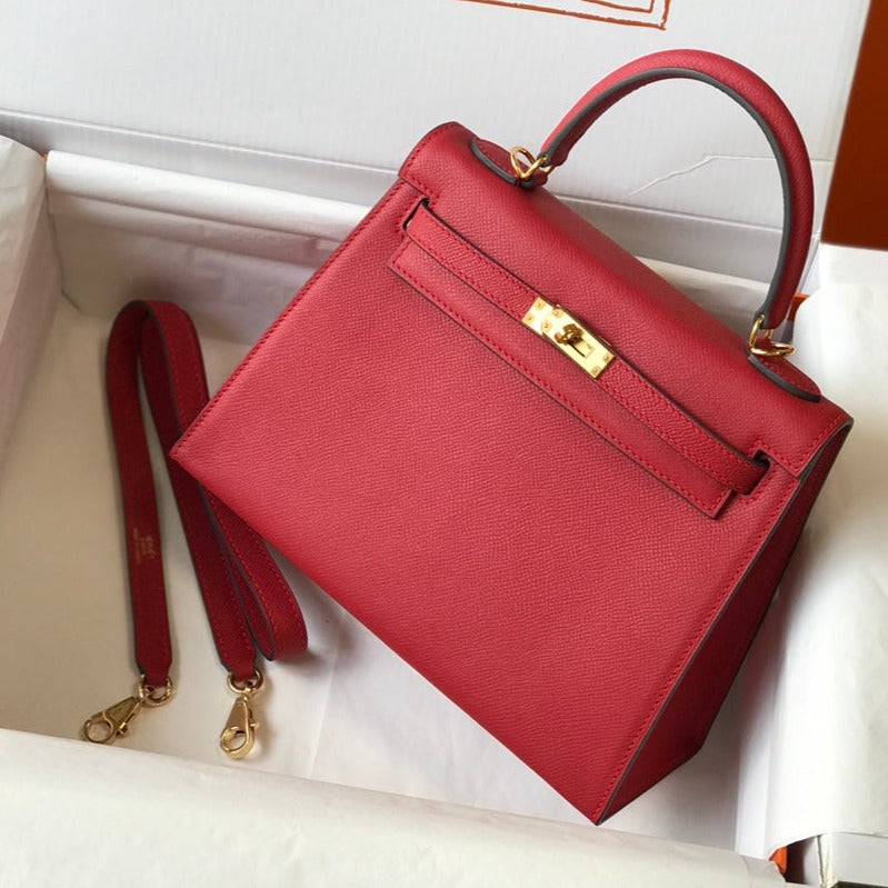 HM KELLY 32CM CUIR EPSOM ROUGE FONCÉ QUINCAILLERIE DORÉ