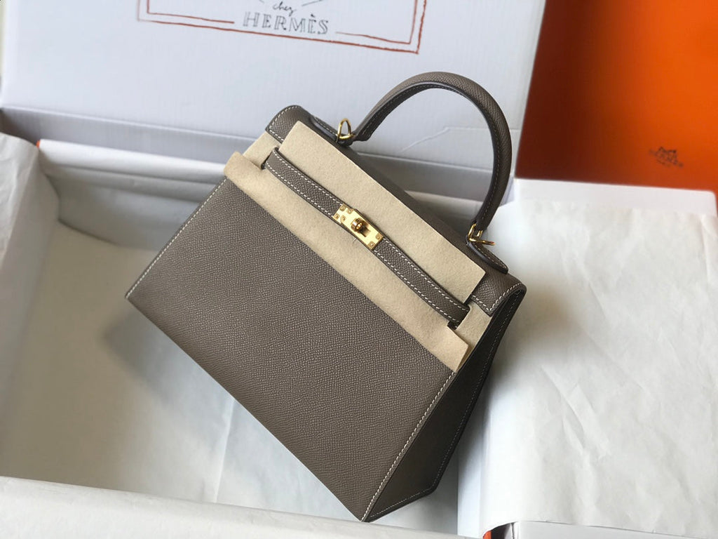 HM KELLY 32CM CUIR EPSOM ÉTAIN QUINCAILLERIE DORÉ