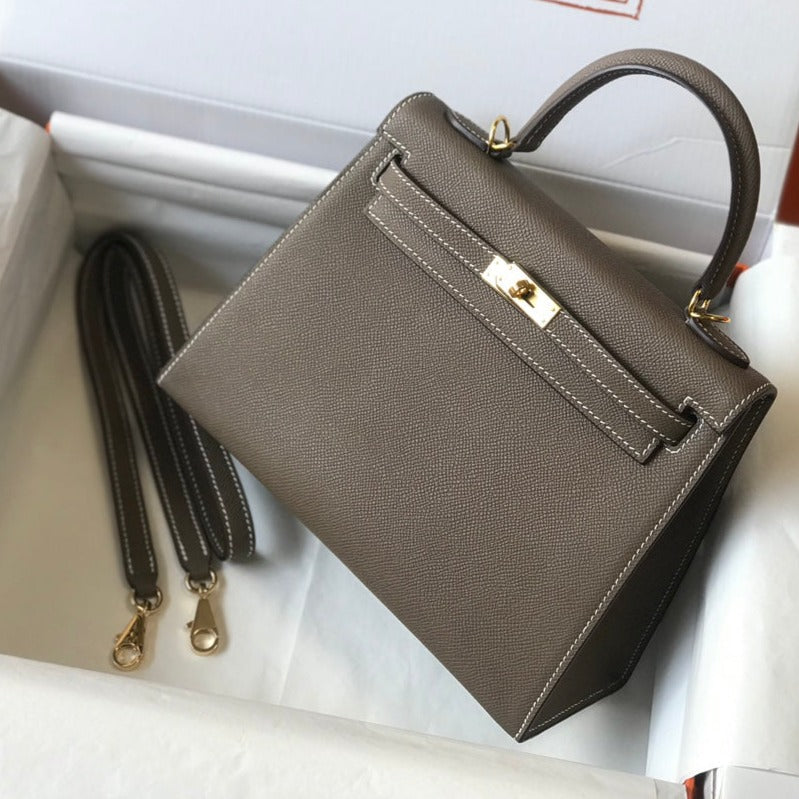 HM KELLY 32CM CUIR EPSOM ÉTAIN QUINCAILLERIE DORÉ