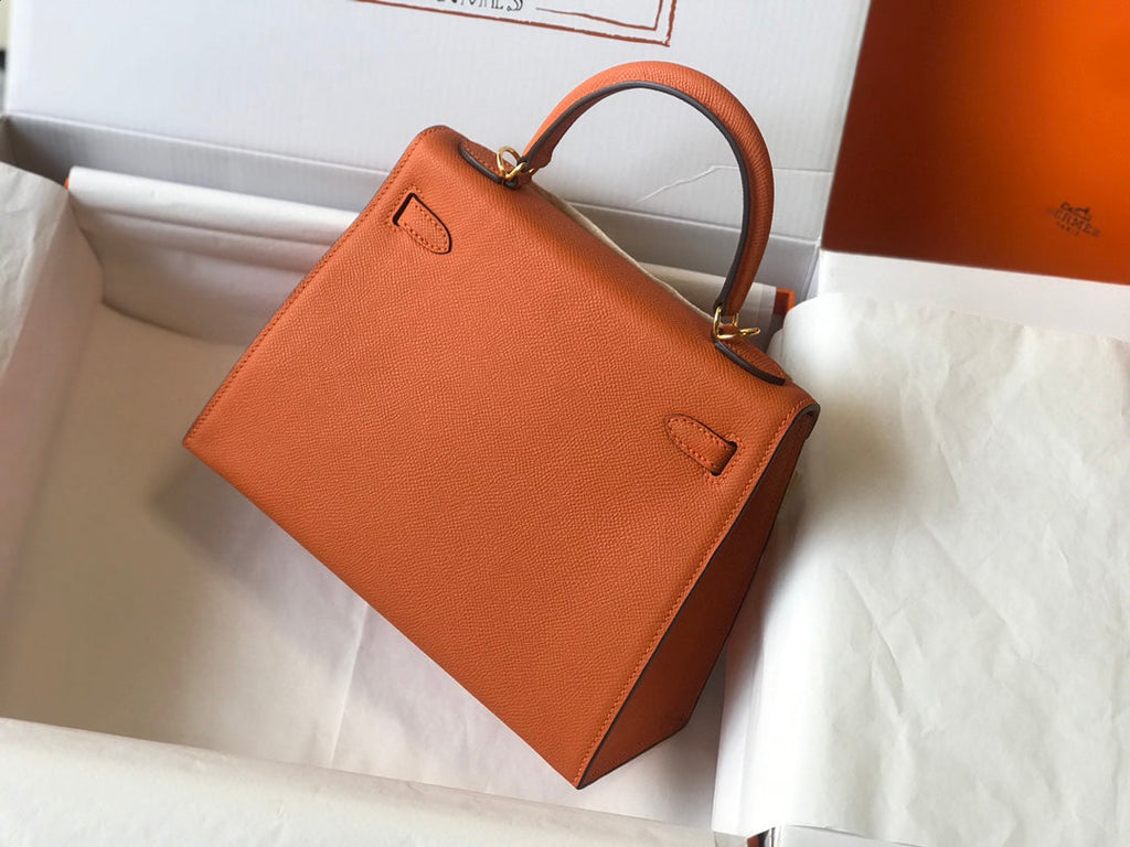 Sac HM Kelly 32 cm en cuir EPSOM orange et matériel doré
