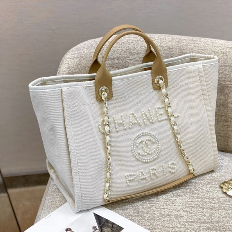SAC CABAS CC DEAUVILLE EN TOILE BLANCHE LOGO MOP