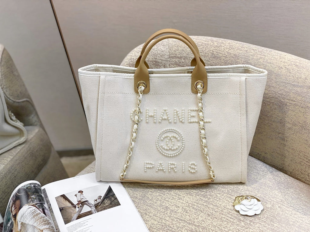 SAC CABAS CC DEAUVILLE EN TOILE BLANCHE LOGO MOP