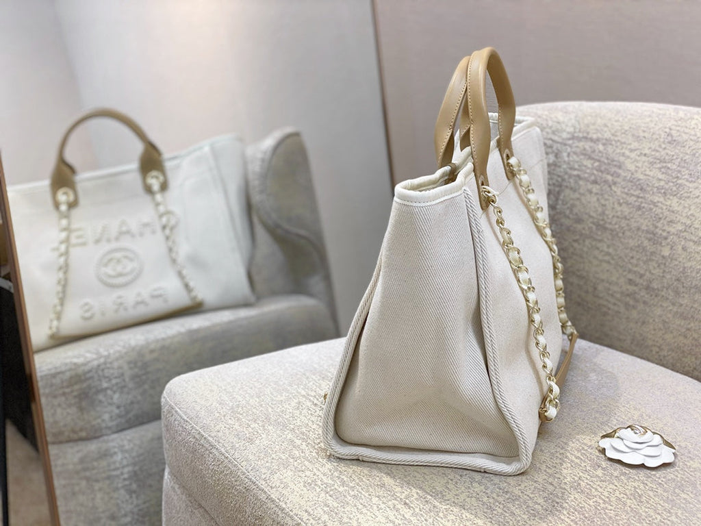 SAC CABAS CC DEAUVILLE EN TOILE BLANCHE LOGO MOP